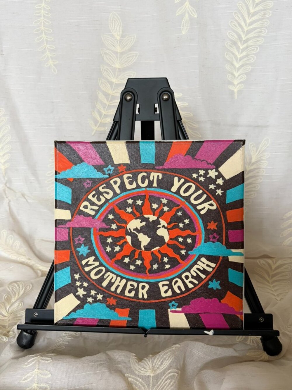 Hand Painted Respect Your Mother Earth Retro Canvas 10x10